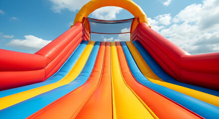 Low angle perspective looking up a giant, colorful inflatable slide against a blue sky with white clouds.