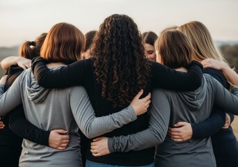 A diverse group of women standing in a circle, embracing each other with their arms around one another, showing unity and support