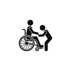 Fototapeta premium Helping a man in wheelchair, Pictogram figure icon logo flat vector design