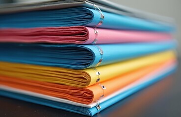 Macro photo of organized documents with color tabs. Business reports stack with different colored paper layers. Paperwork details for planning and financial analysis