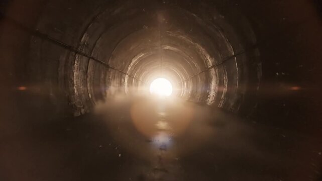 Dark tunnel leading to a bright light, with dust particles floating in the air, creating an eerie atmosphere