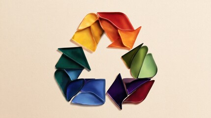 Colorful paper shapes arranged in a recycling symbol on a soft beige background, symbolizing sustainability