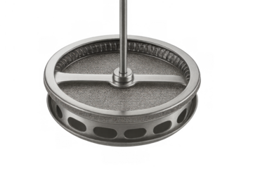 French press metal plunger and mesh filter assembly brewing coffee, a kitchenware detail with transparent background