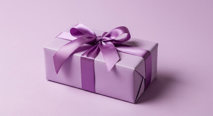 Purple gift box with matching satin ribbon bow on pastel background.
