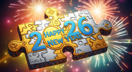Golden puzzle piece with happy new year 2026 message against a backdrop of colorful fireworks
