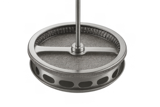 French press metal plunger and mesh filter assembly brewing coffee, a kitchenware detail with transparent background