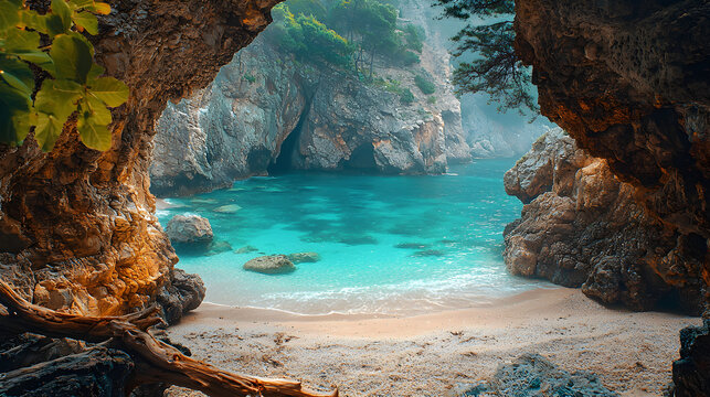Secluded tropical cove with pristine turquoise water and sandy beach, framed by rocky cave entrances.