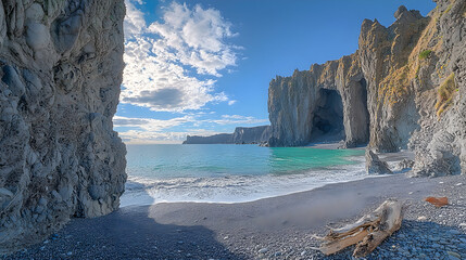 Tranquil ocean waves gently lap against a secluded black sand beach with dramatic rock formations and a clear blue sky.