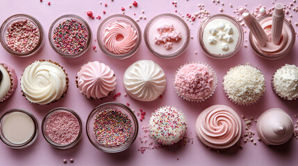 cake decorating flat lay with piping tips, sprinkles, fondant tools on violet surface