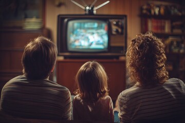 70 family watching static TV rabbit ear antenna authentic teaching moment realistic human expression natural soft lighting shallow DOF cinematic tone photorealistic DSLR photo 85mm lens professional