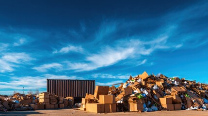 Pile of discarded cardboard boxes at a recycling center under a clear blue sky with scattered clouds