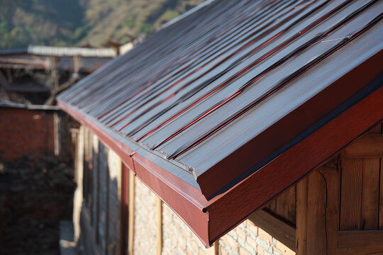 Cubierta inclinada de paneles met&aacute;licos oscuros con juntas elevadas y remate en fascia roja sobre fachada de ladrillo y madera, destacando t&eacute;cnicas modernas de techado en zonas residenciales monta&ntilde;osa