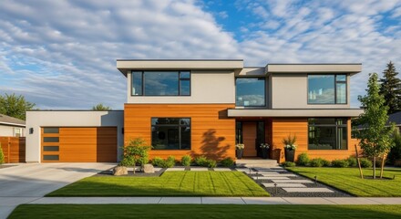 Contemporary home exterior modern design with natural wood and beautiful landscaping