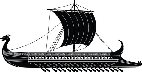 Ancient Greek trireme ship silhouette, historical warship galley vector illustration with oars and sail, isolated design. © Shahariar's World