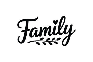 The word 'Family' is depicted in a stylish, cursive font with a small heart and a sprig of leaves.
