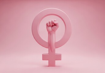 A pink female symbol with a fist raised in protest, representing feminism, womens rights, and empowerment in a modern, abstract style