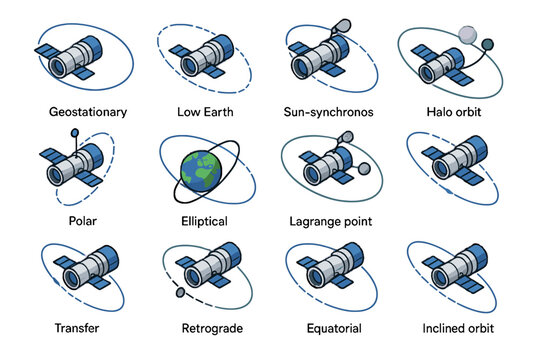 Retrograde polar space icon orbit lagrange icons equatorial geostationary halo transfer vector
