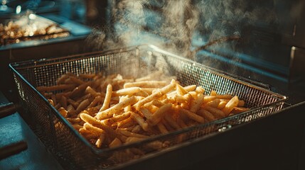 Fototapeta premium Cooking French fries in a deep fryer, crispy French fries,