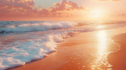 Golden sunset paints the ocean waves and sandy shore with warm, serene light.