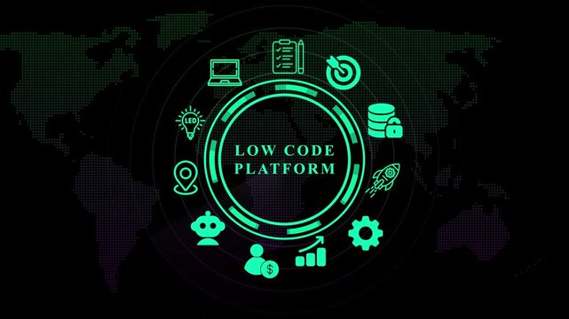 Low Code Platform Concept with Global Network and Icons. Business, technology, modern technology concept.