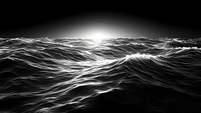 Dramatic dark ocean waves illuminated by a bright sunrise or sunset. - Powered by Adobe