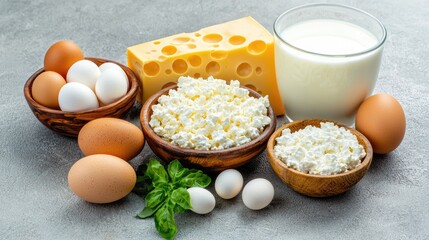 Cottage cheese, cheese, milk, and eggs are displayed in wooden bowls, showcasing fresh dairy products with herbs for garnish