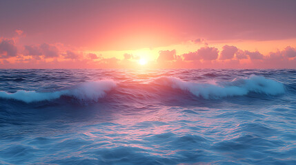 Tranquil ocean waves bathed in the warm glow of a dramatic sunrise.