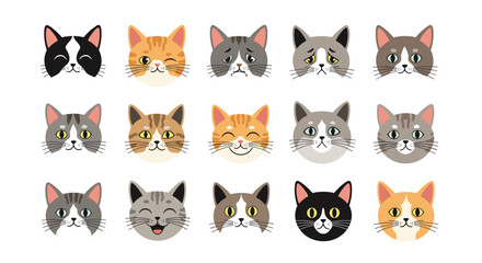 Extensive collection of fifteen cute cartoon cat faces with diverse fur colors and patterns, expressing a wide range of emotions and moods.