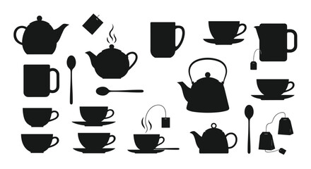 Collection of black silhouette tea accessories including teapots cups mugs spoons and tea bags on a white background.