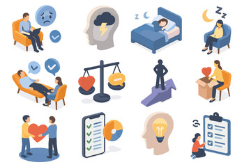 Coping depression therapy relief boost anxiety habit vector sleep digital icon practice