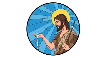 Stained glass depiction of John the Baptist pouring water holding a staff with a halo in a round frame.
