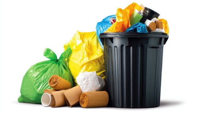 A vibrant collection of colorful trash bags and waste materials overflowing from a black garbage bin