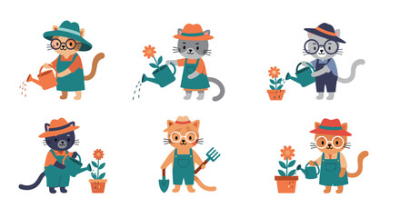 Fototapeta premium Adorable collection of six cartoon cats dressed as gardeners, happily watering plants and tending to flowers with gardening tools.
