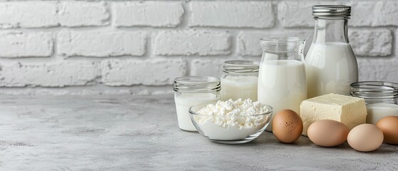 Various dairy products and eggs are displayed on a wooden table with a rustic brick background, creating a fresh and wholesome atmosphere
