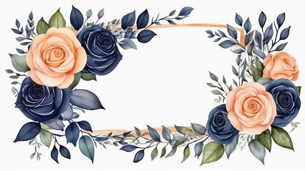 Elegant floral frame with peach and navy blue roses and green leaves, perfect for invitations or greeting cards
