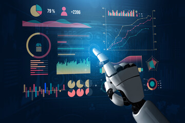 A robotic hand engages with an advanced data visualization interface, showcasing various graphs and statistics in a sleek futuristic design. Impute