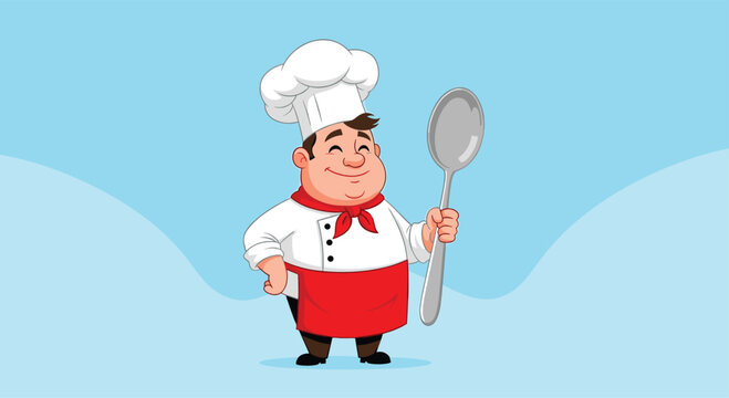 Cheerful cartoon chef wearing a traditional white hat and red apron, proudly holding a large spoon with a big smile.