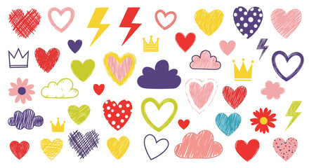 Hand-Drawn Valentine's Day Icons: Hearts, Clouds, Lightning Bolts, and Crowns in Vibrant Colors for Creative Designs and Romantic Themes
