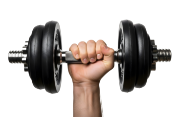Hand holding dumbbell isolated on transparent background during weightlifting workout