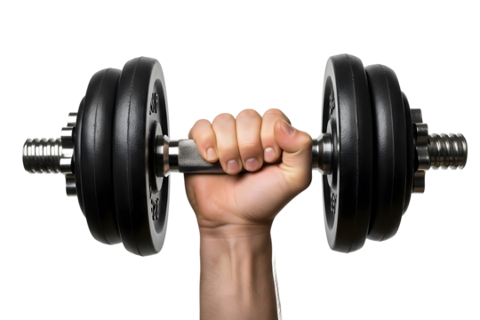 Hand holding dumbbell isolated on transparent background during weightlifting workout - Powered by Adobe
