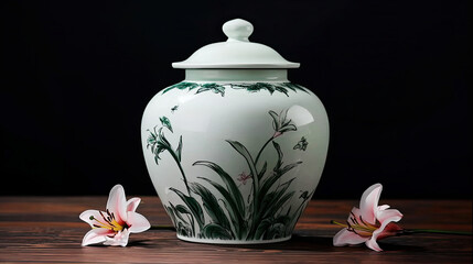 Mortuary urn with ribbon and flower on table against dark background. Dark ceramic urn placed beside soft Lilies