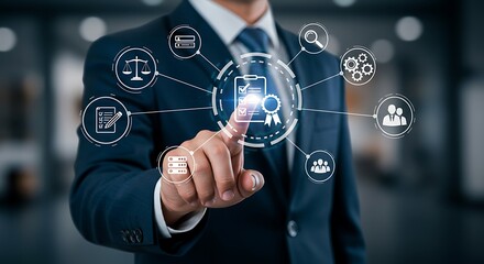 Businessman touching a digital interface with icons representing compliance, law, and business processes, symbolizing corporate governance and strategy