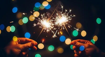 Hands holding sparkling fireworks with colorful bokeh lights in the dark night sky