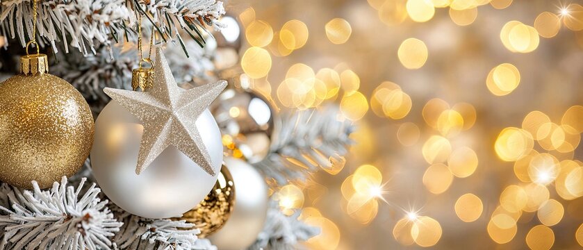 A beautiful star and shiny ornaments are hanging from a festive tree, surrounded by soft, warm lights creating a joyful atmosphere