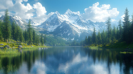 Serene mountain lake reflects snow-capped peaks under a clear blue sky with fluffy clouds.