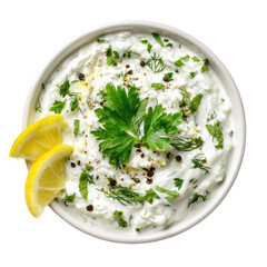 Creamy Greek tzatziki sauce features fresh, Creamy Greek tzatziki sauce made with fresh cucumbers, isolated on transparent background