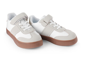 Pair of kid's sneakers isolated on white. Stylish shoes