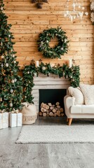 Obraz premium A spacious living area features a warm fireplace, a festive Christmas tree, and large windows showcasing a winter landscape outside