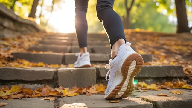 Motivational low angle photo of athletic legs and white sneakers walking or running up concrete steps covered in autumn leaves during sunny outdoor fitness workout