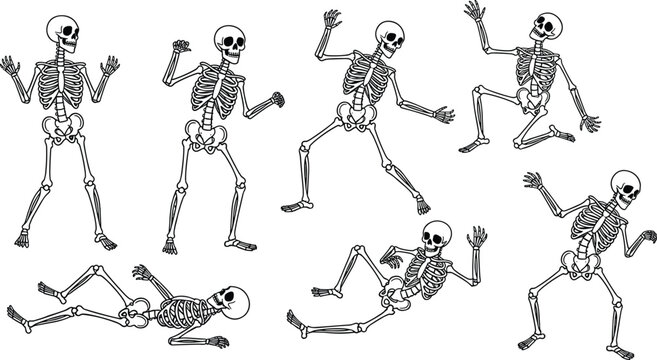 Dancing skeleton vector set, funny Halloween characters, human bone outlines, spooky party poses collection, isolated line art.